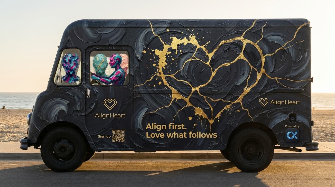 1965 Chevrolet P30 step van in charcoal livery with a gold kintsugi heart, reading "Align first. Love what follows," the AlignHeart wordmark, a Powered-by-Creytix badge, and a QR code