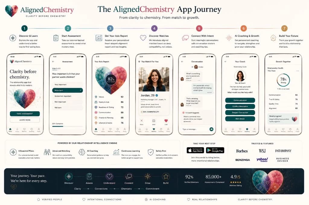 AlignHeart app journey: discover, assess, axis report, matches, connect, coaching, and growth