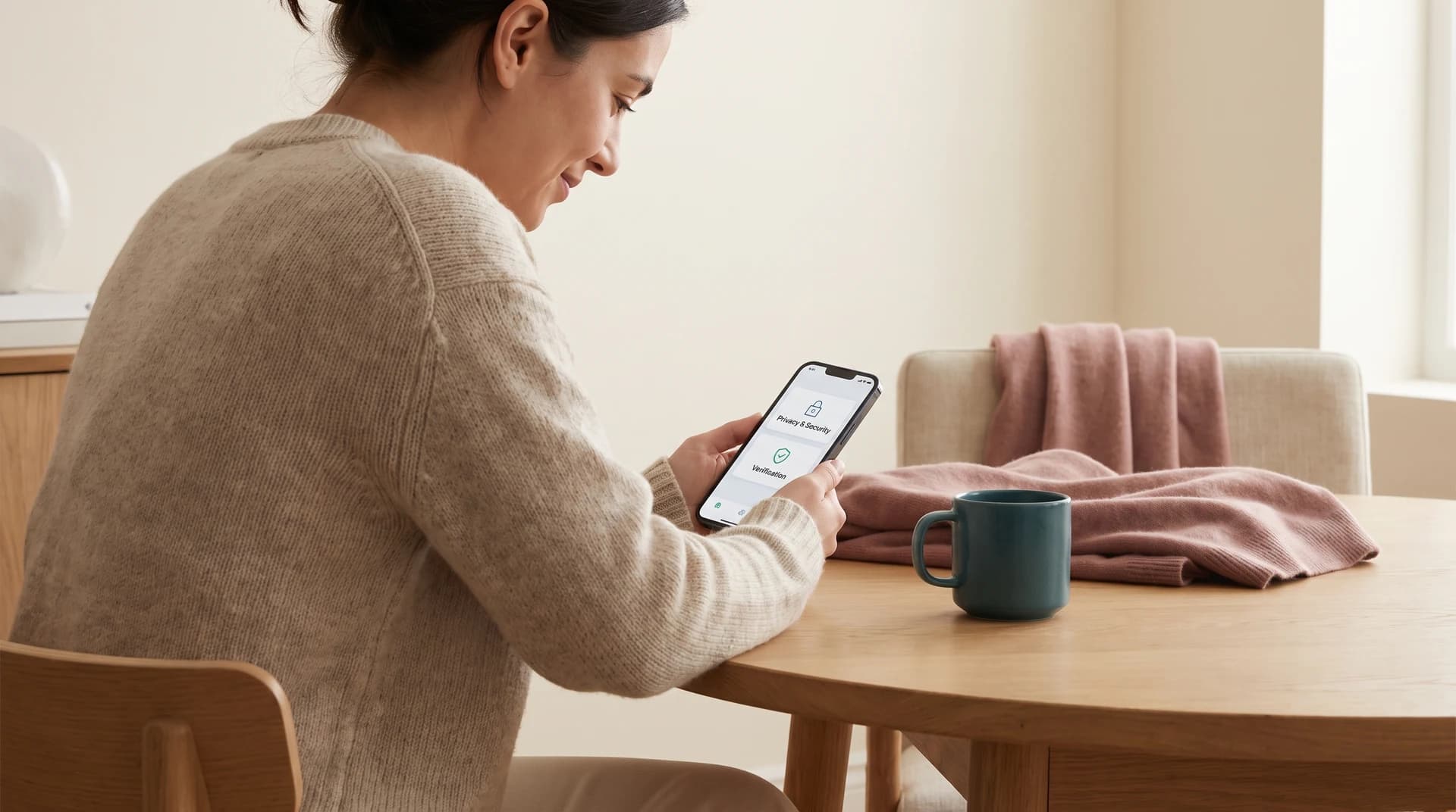 Person reviewing privacy settings in a calm, warm home environment