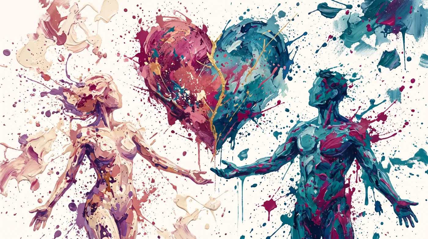 Two acrylic figures reaching toward each other across a painted heart, one half rose, one half teal