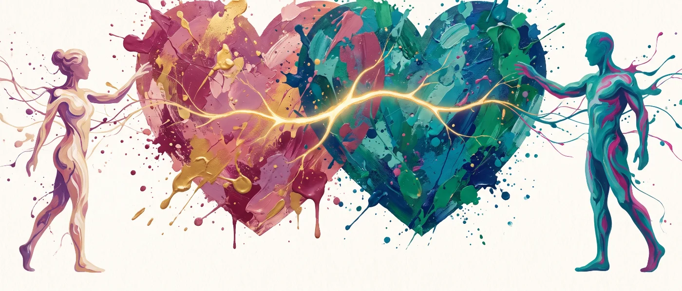 Two acrylic figures reaching toward two painted hearts joined by a gold spark
