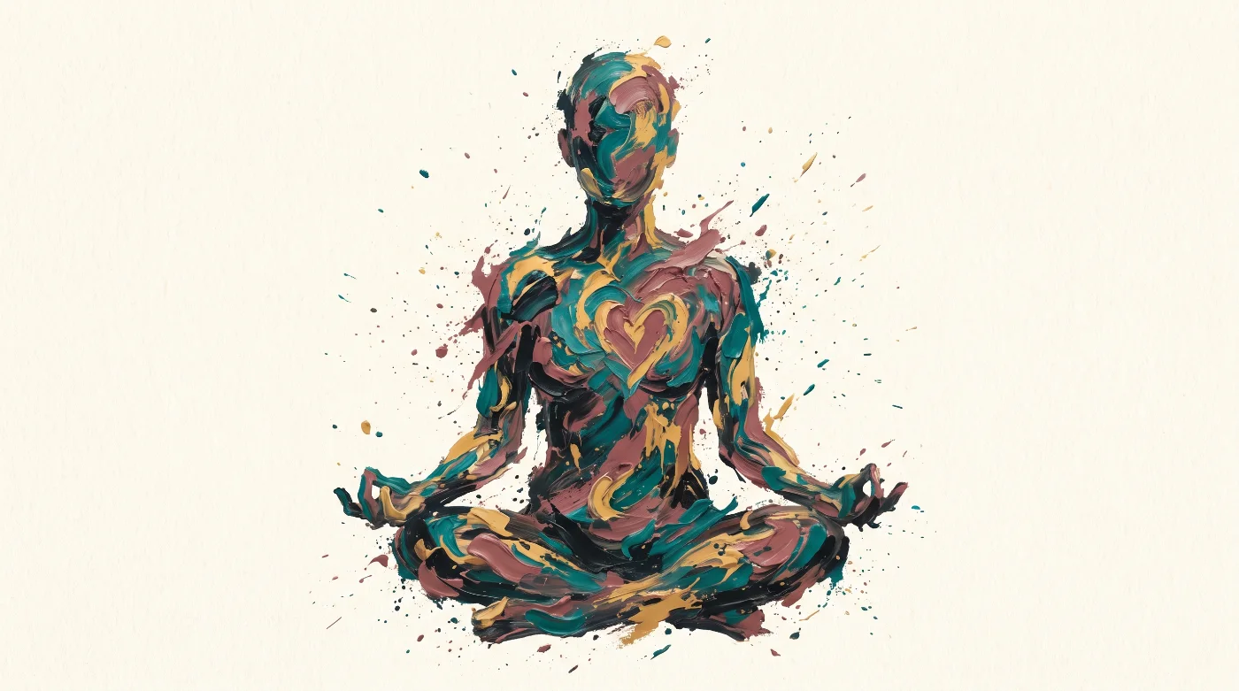 Acrylic figure seated in meditation, a small heart glowing at its centre