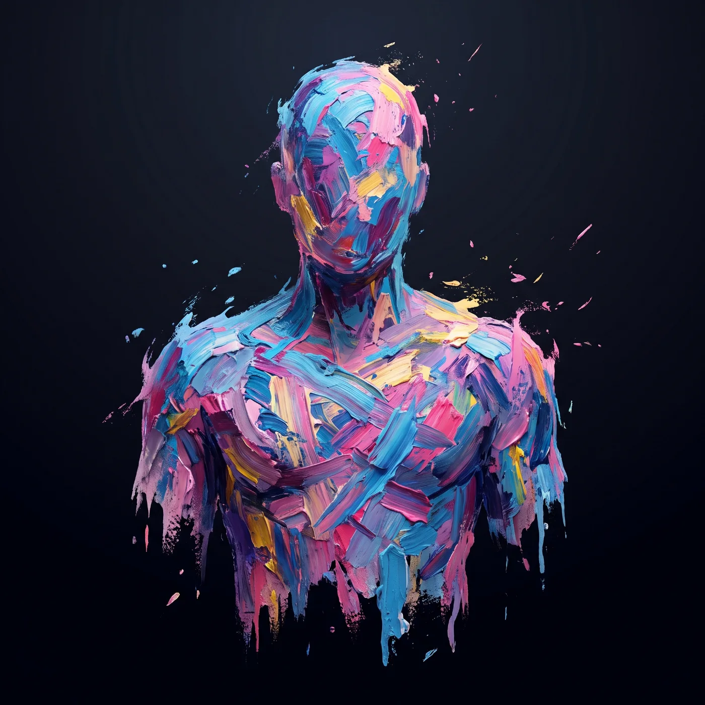 Figure built from pink, blue and gold palette-knife strokes on black