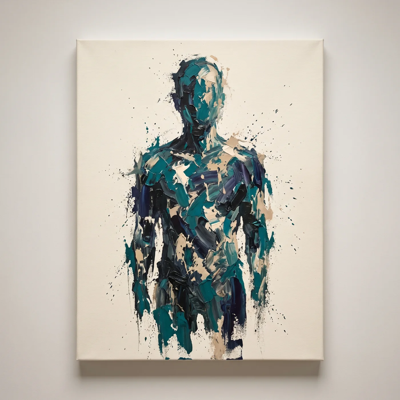 Teal and gold acrylic figure on a canvas hung on a wall
