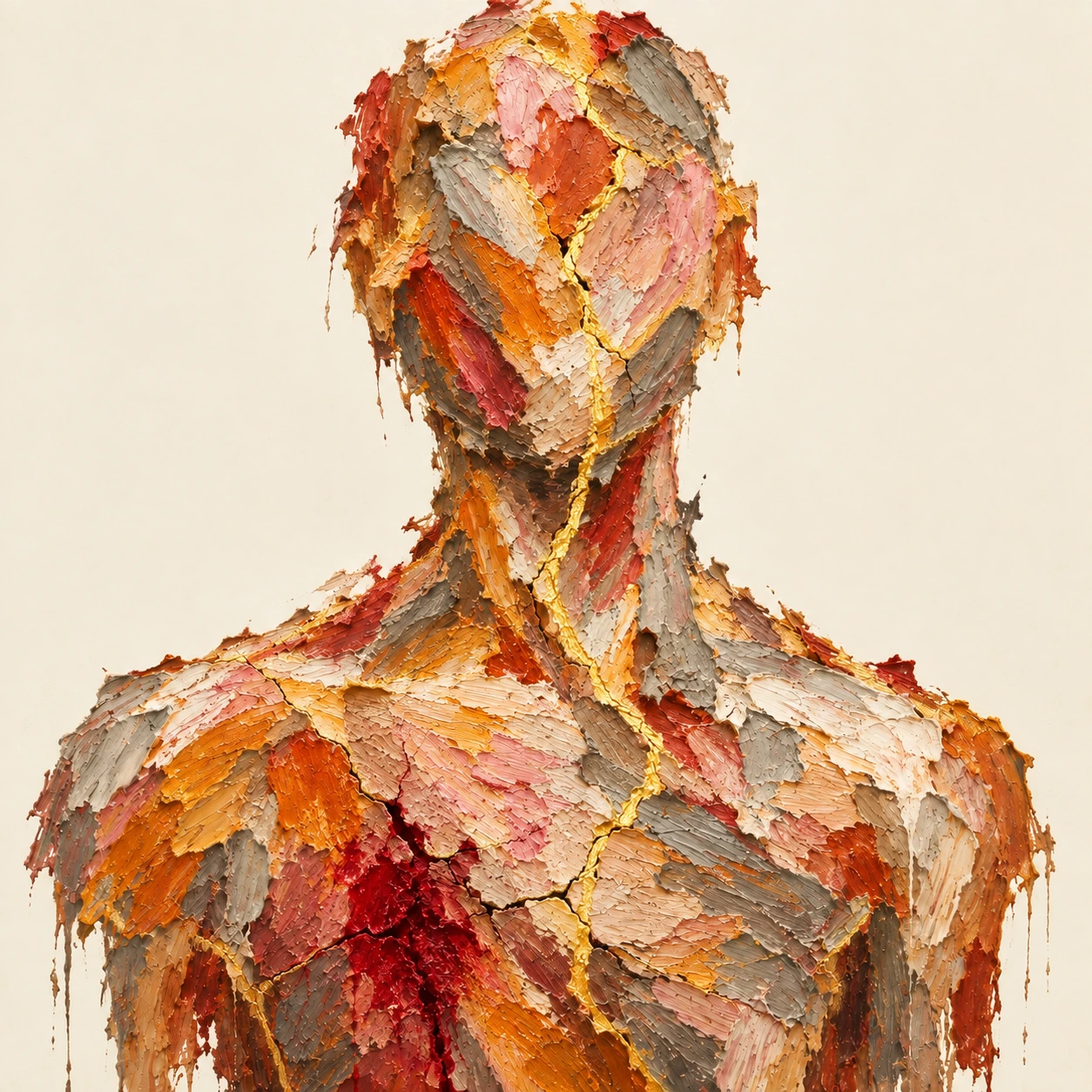 The same acrylic figure with its cracks filled in bright kintsugi gold, some scars still visible, glowing with repair